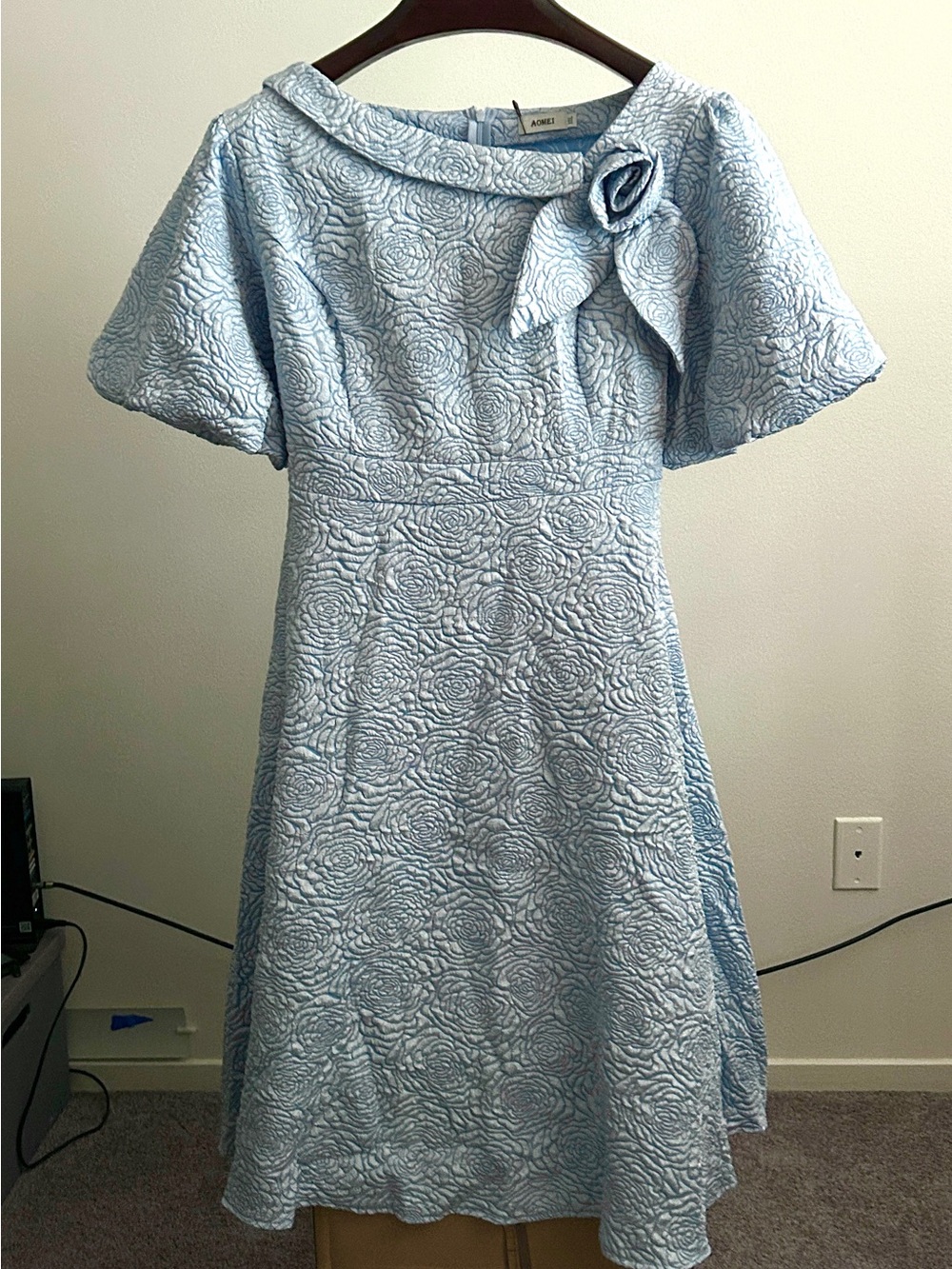 Aoki Light Blue Textured Floral A-Line Dress with Bow Detail